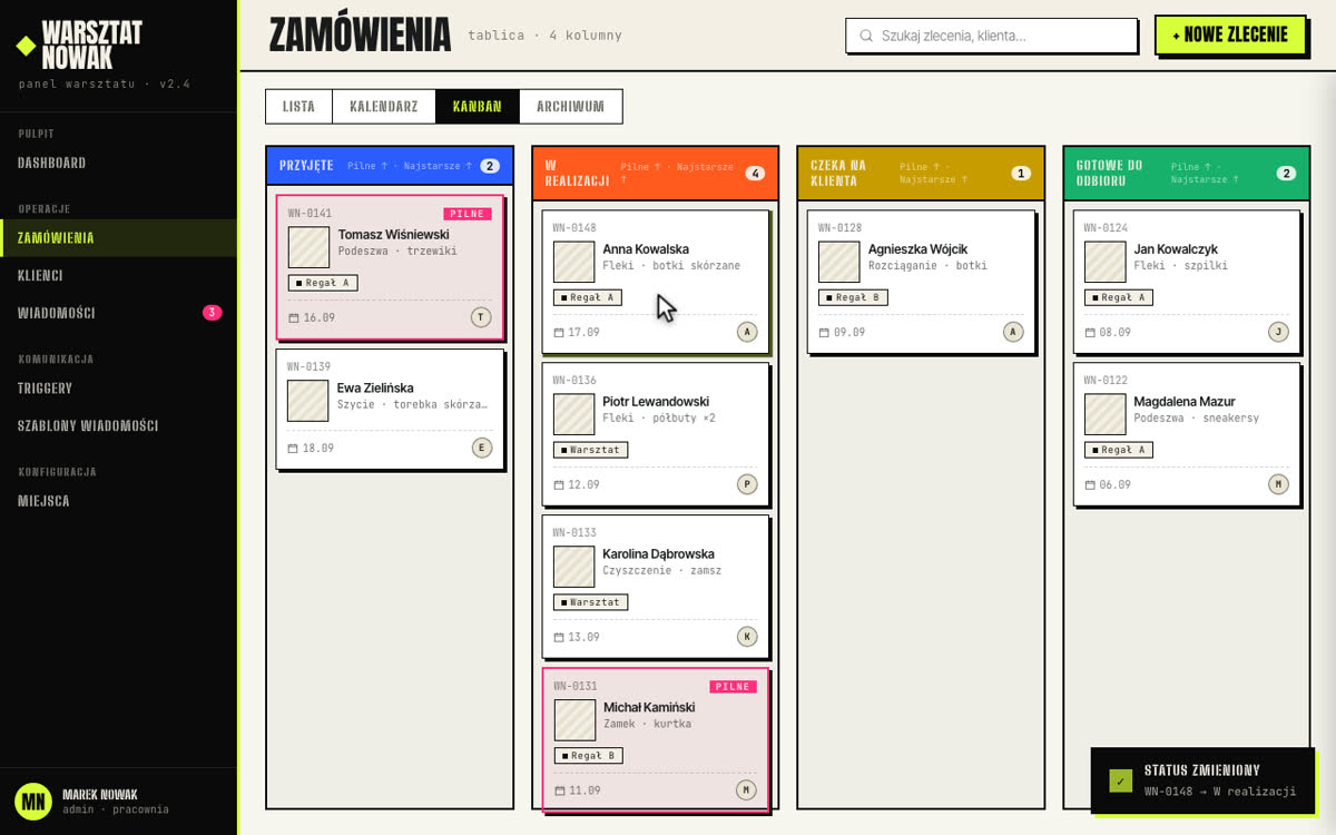 CRM demo — panel zleceń warsztatu z kursorem prowadzącym przez flow